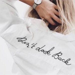 Johny Be Good white embroidered button down “Don’t Look Back” on the back